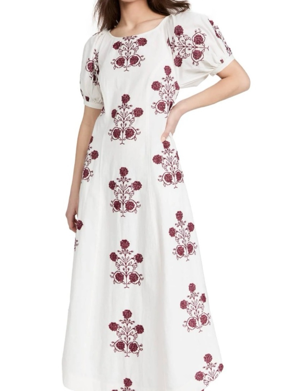 Free People Cactus Flower Dress Cream Maxi Dress with Burgundy Floral Embroidery